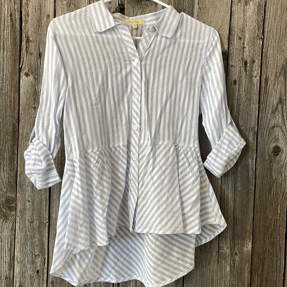 Light blue and white stripe blouse, can be quarter or full sleeve